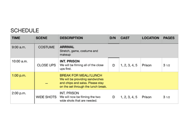 Fabiola Call Sheet Schedule example Fabiola Call Sheet Schedule example