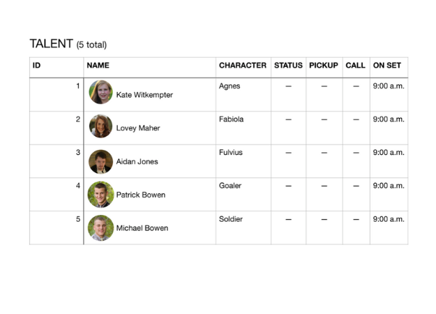 FABIOLA Call Sheet Talent Example FABIOLA Call Sheet Talent Example