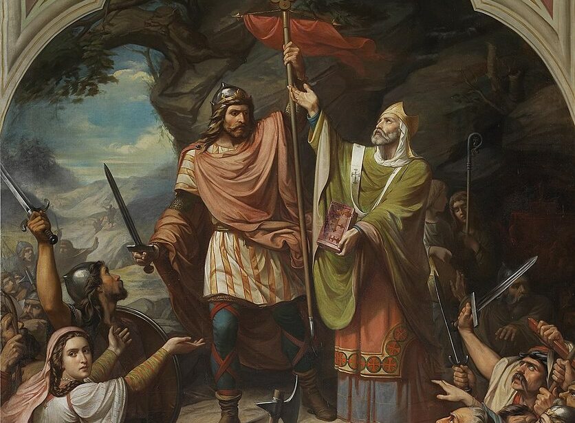 Pelayo leading Christian warriors at the Battle of Covadonga starting the Reconquista Pelayo leading Christian warriors at the Battle of Covadonga starting the Reconquista